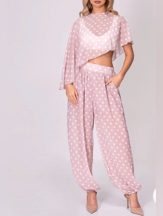 Pants - 0209.  Polka Dot Blouson Crop Top & Wide-Leg Pants Set - Pink